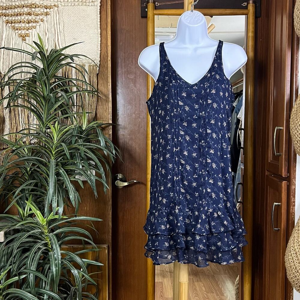 Y2K Abercrombie Floral Slip Mini Dress XS Navy Boho Chiffon Ruffle Hem Lined